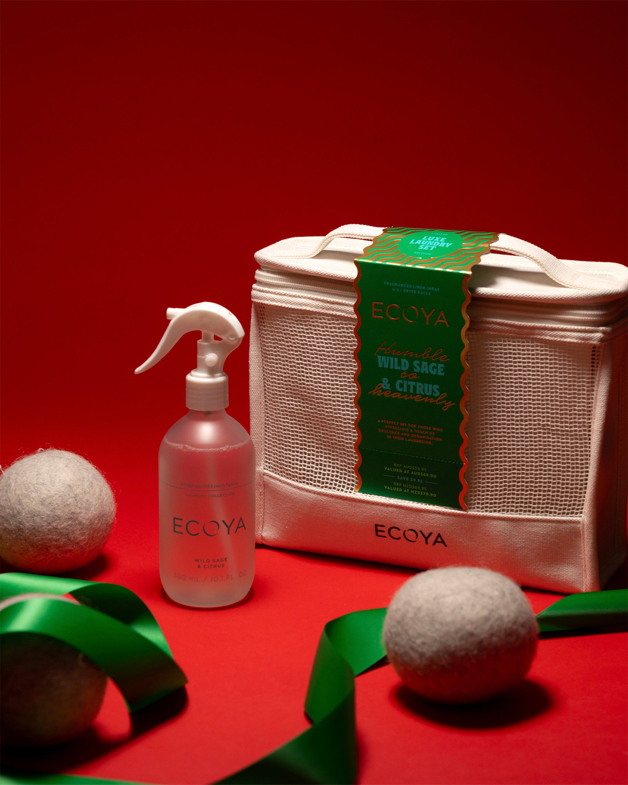 ECOYA laundry gift set including fragranced dryer balls room spray in a storage bag