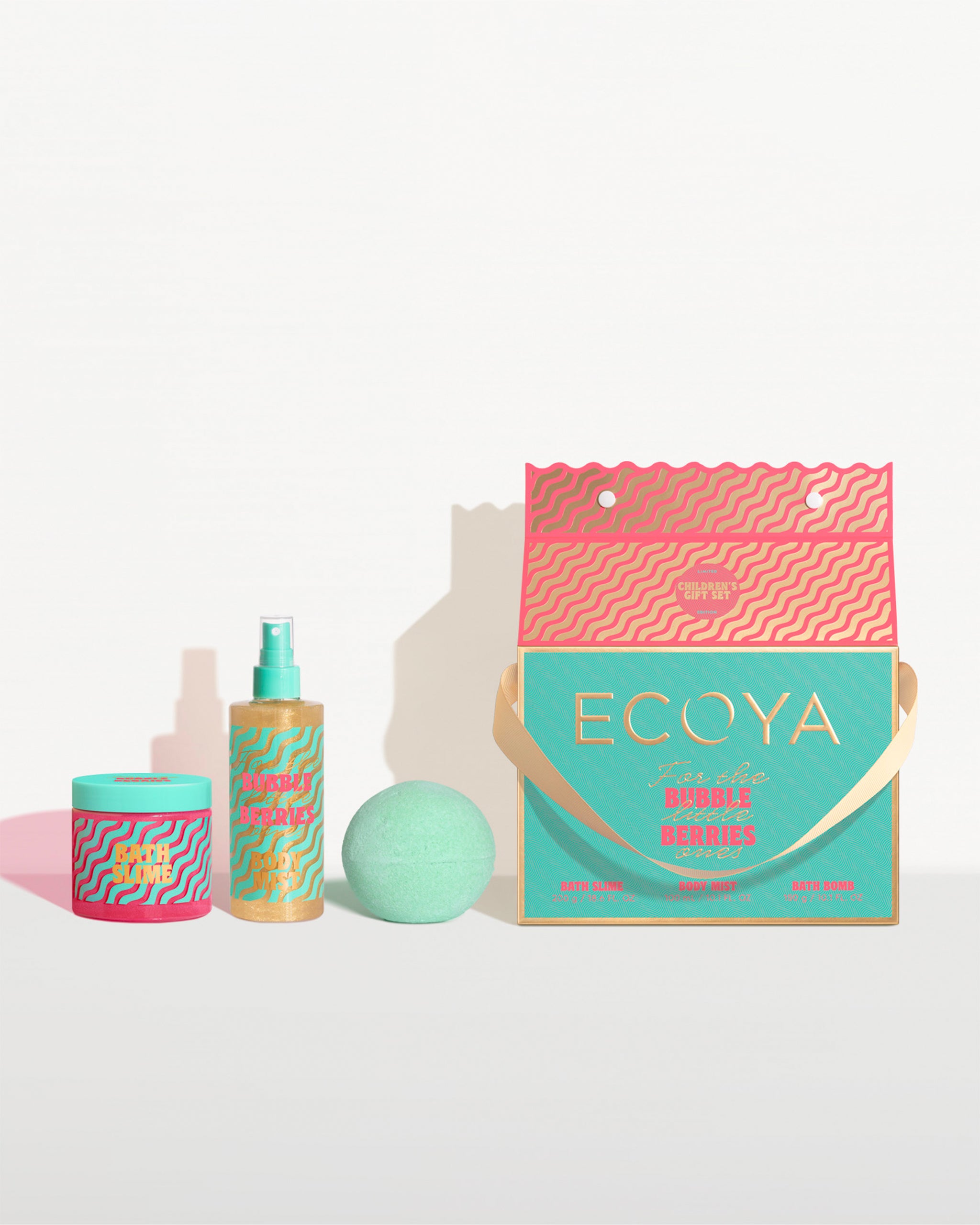 Ecoya kids bath product set including a bottle, ball, and packaging on a white background