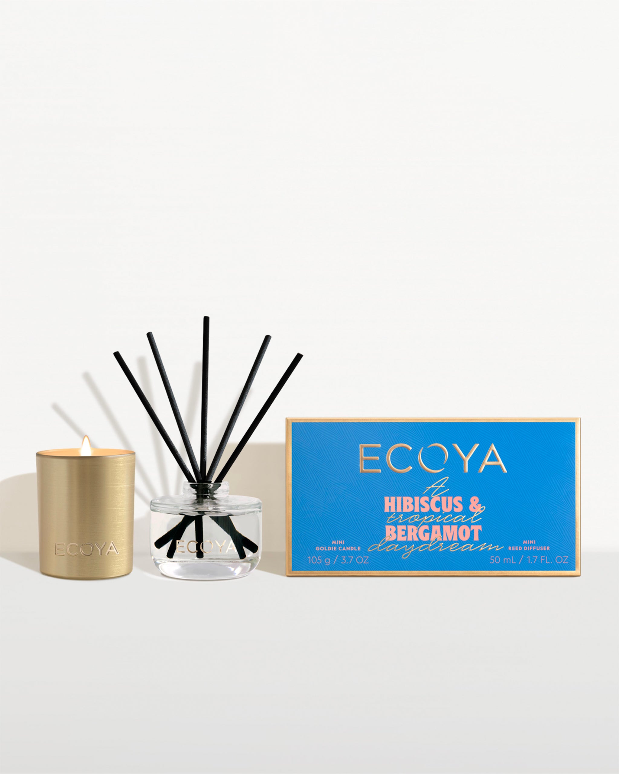 Ecoya diffuser set with candle and packaging on a white background