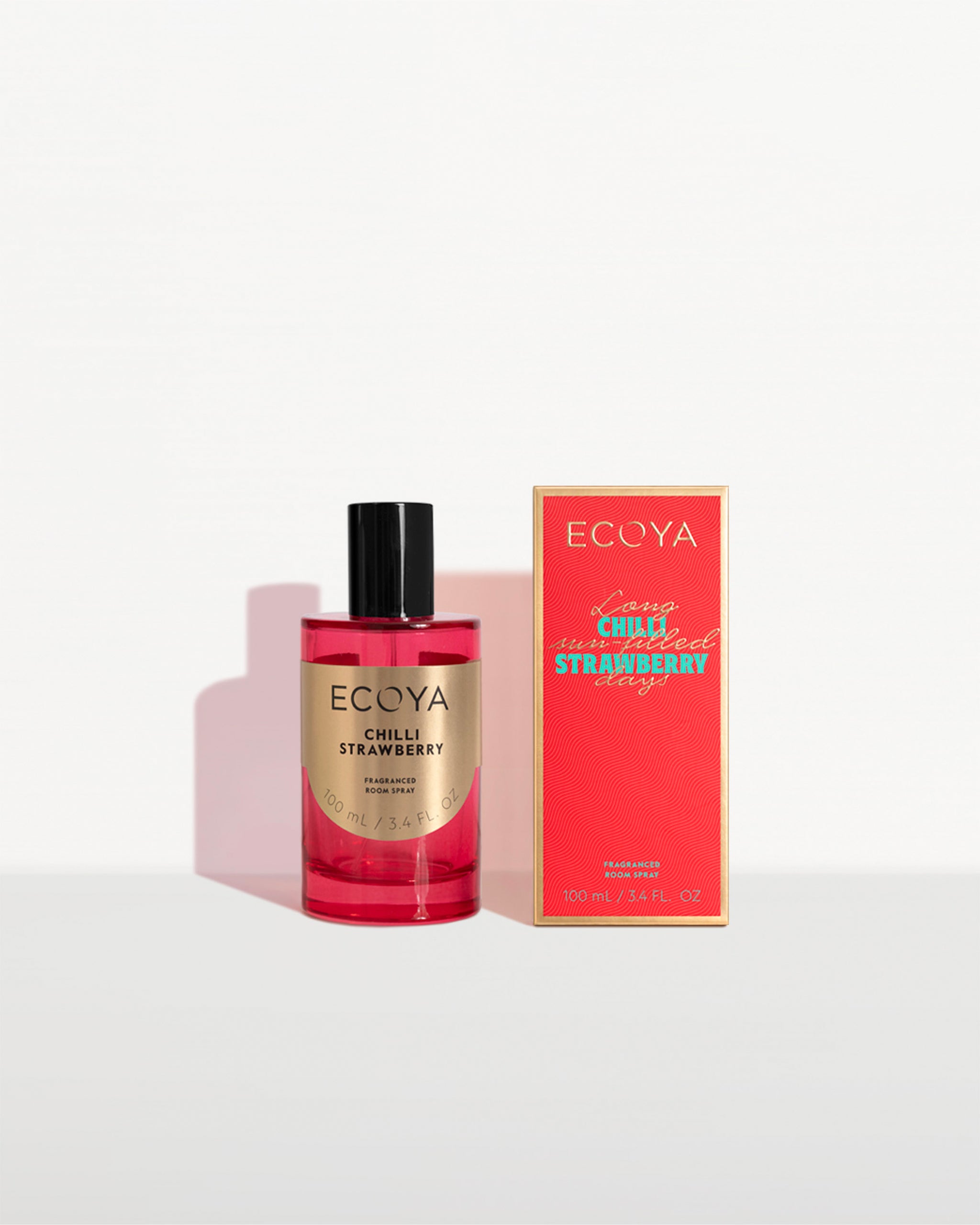 ecoya room spray in a limited edition fragrance house in a coloured red glass