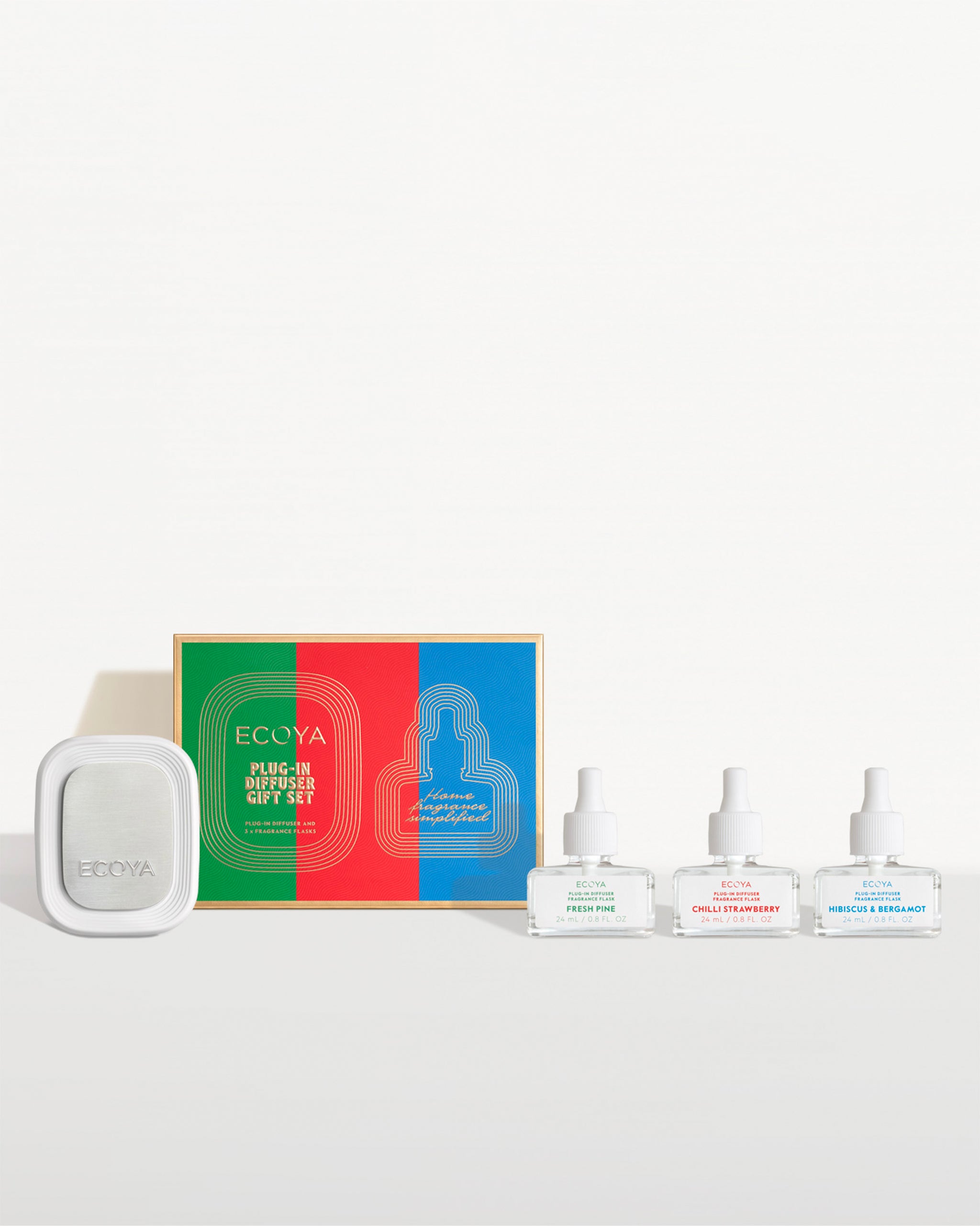 plug in diffuser gift set, featuring three ecoya refills from the limited edition christmas collection
