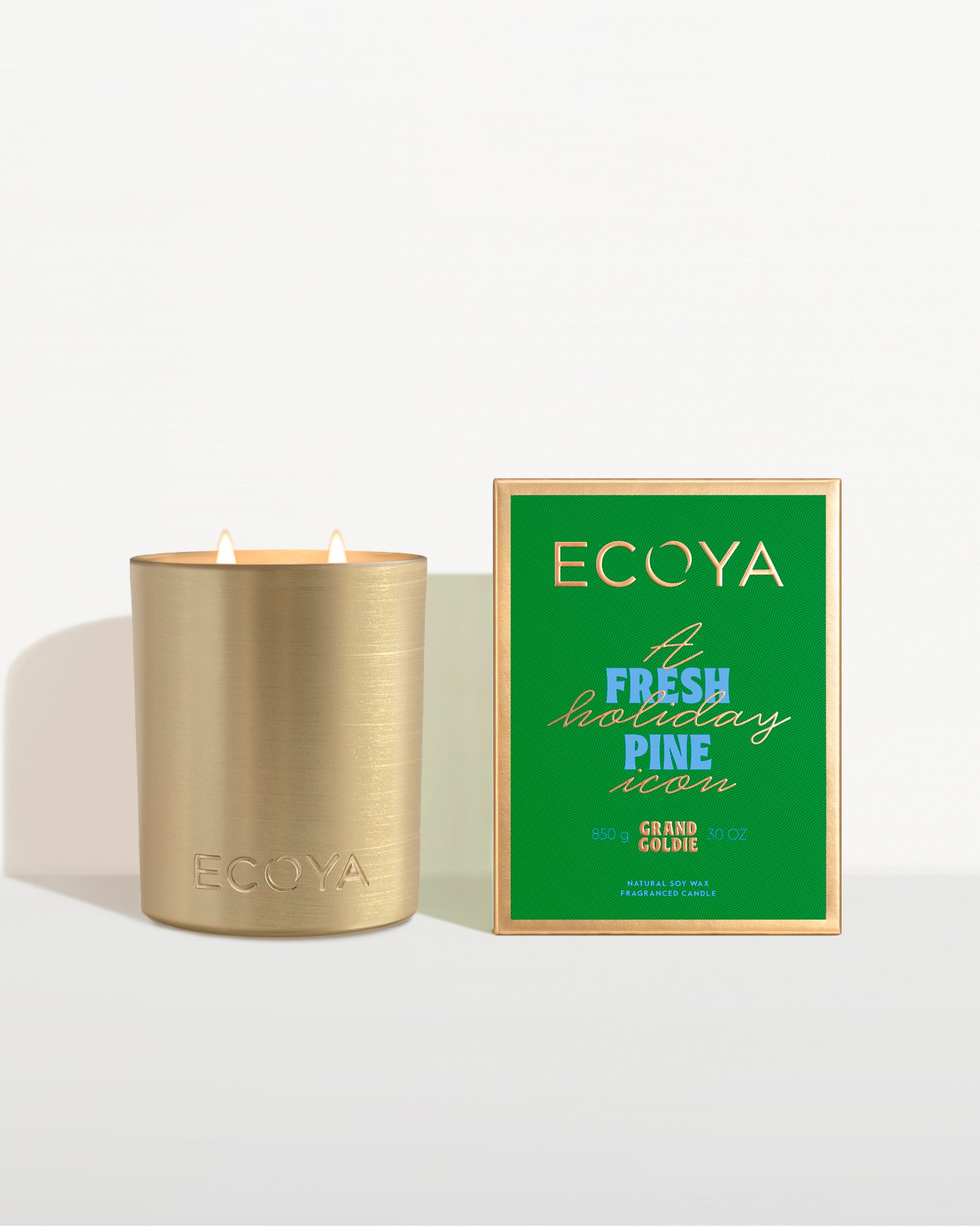 ecoya gold candle made with fresh pine fragrance on white background