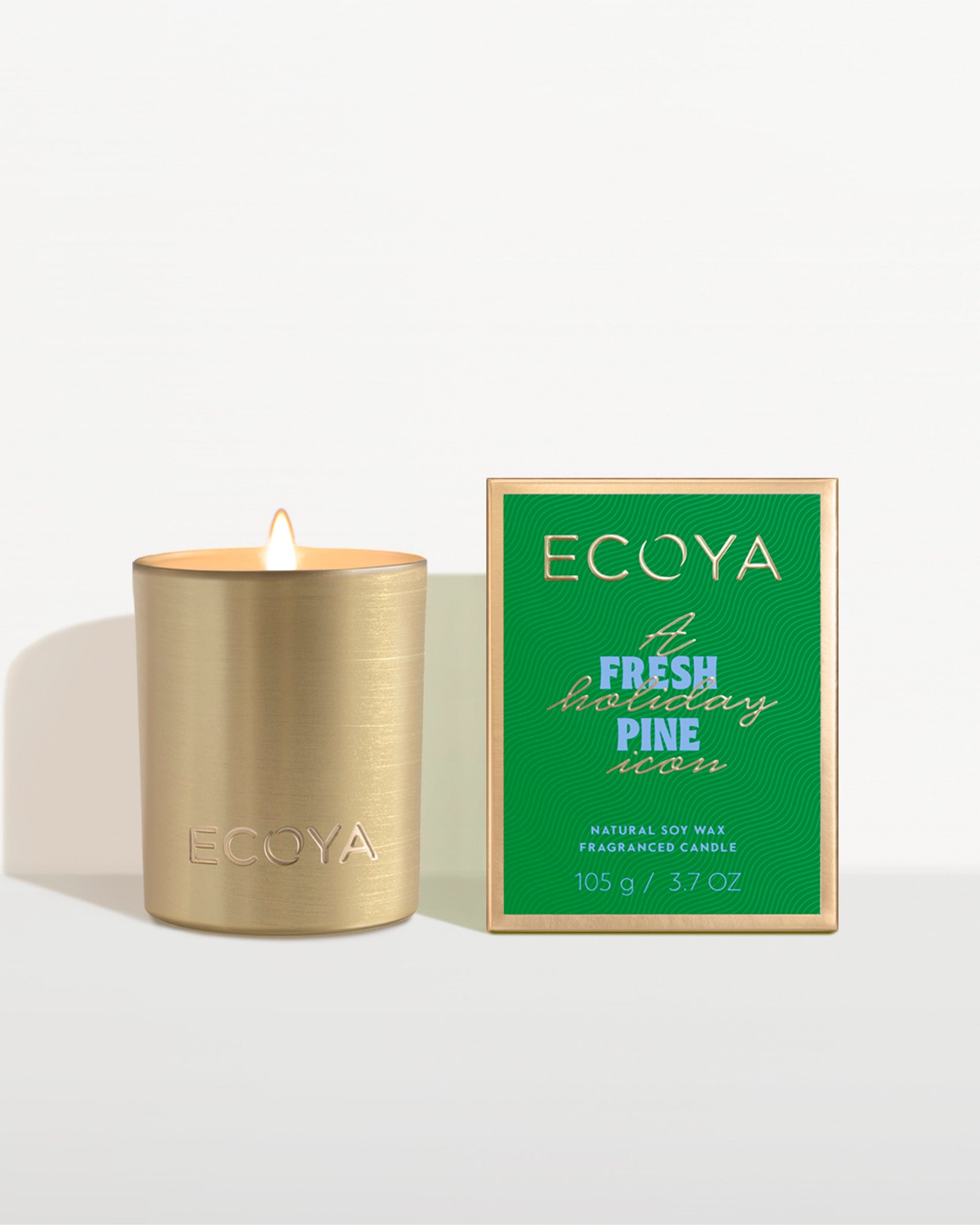 Ecoya fresh pine candle with packaging on a light background