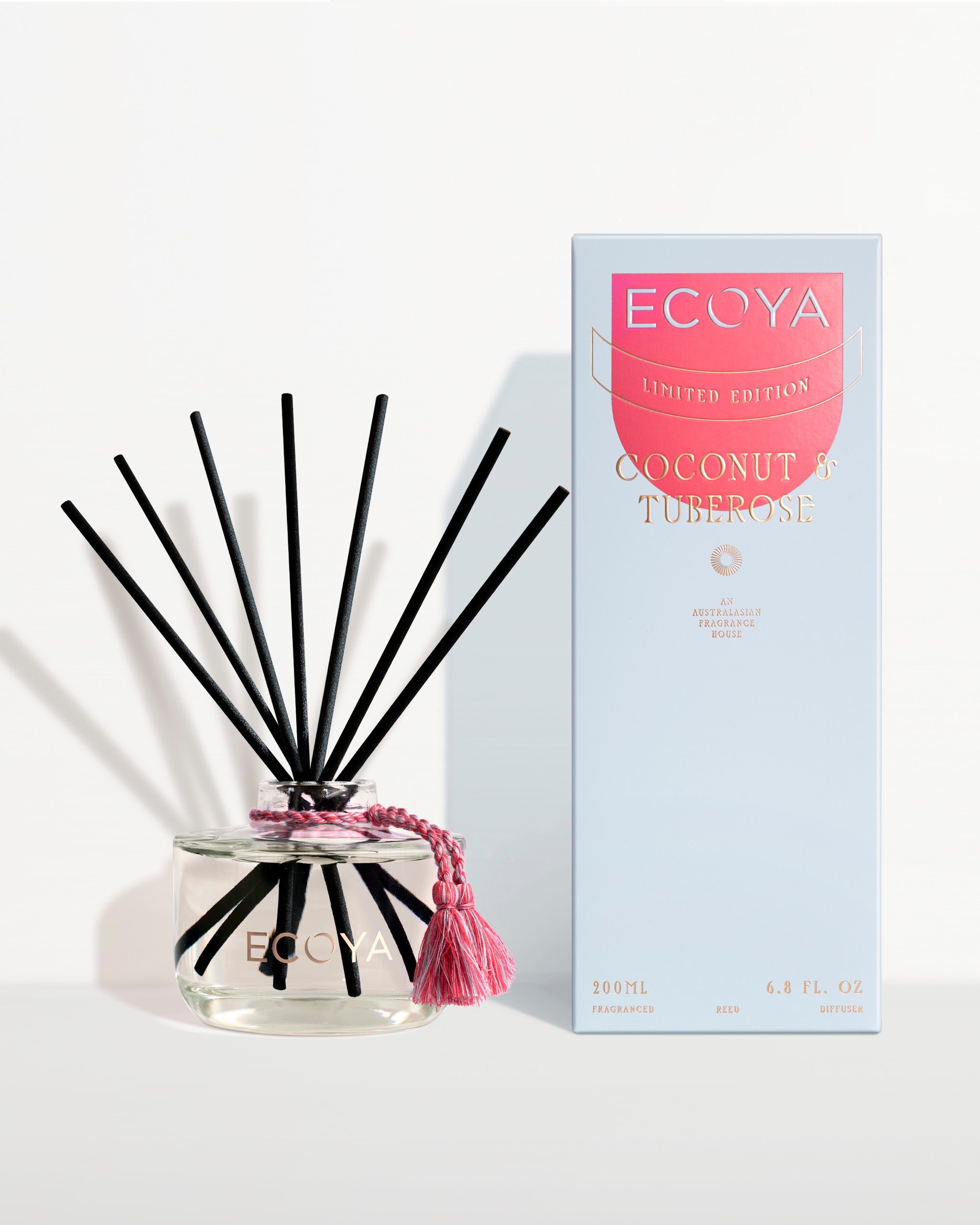 Ecoya diffuser with black sticks and a pink tassel coconut and tuberose an Australian fragrance house