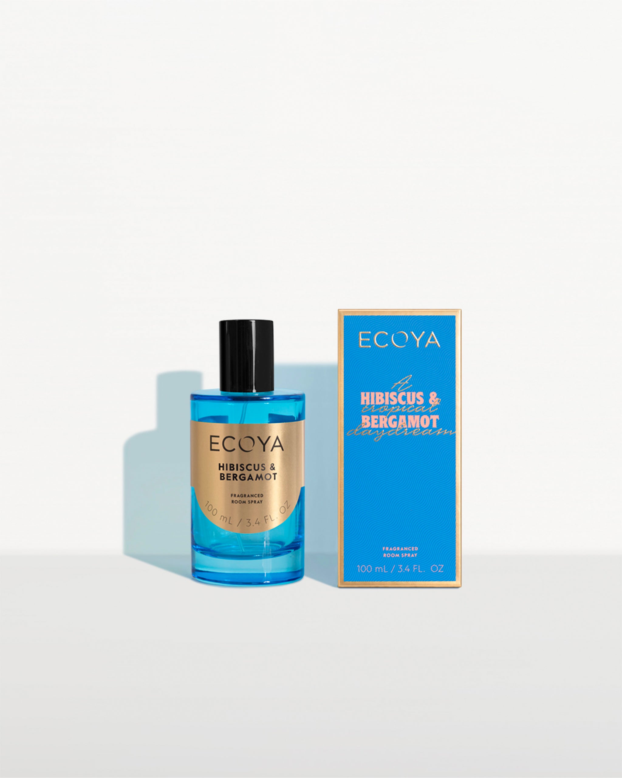 Ecoya Hibiscus & Bergamot room spray perfume bottle and packaging on a white background